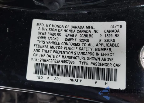 2019 Honda Civic Sport z USA, uszkodzony, nr VIN 2HGFC2F83KH557995